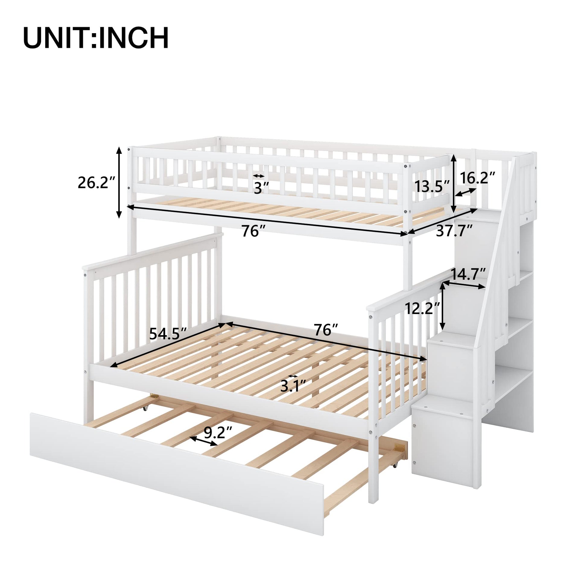 CITYLIGHT White Twin Over Full Bunk Bed with Trundle and Storage Stairway - WoodArtSupply