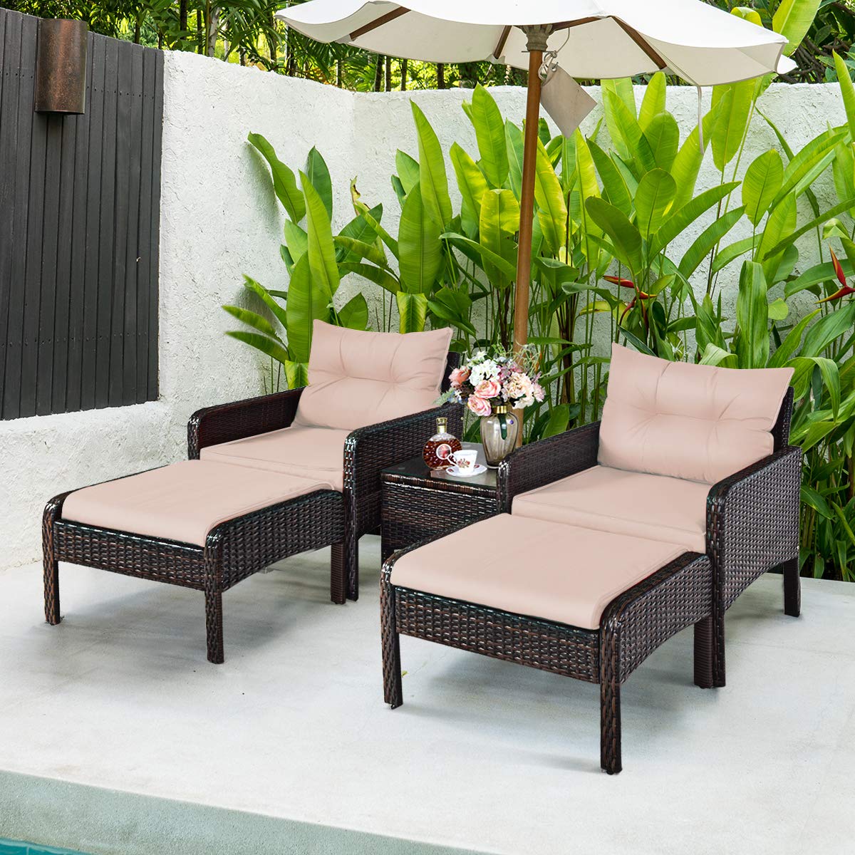 Tangkula Wicker Furniture Set 5 Pieces PE Wicker Rattan Outdoor All Weather Cushioned Sofas and Ottoman Set Lawn Pool Balcony Conversation Set Chat Set - WoodArtSupply