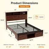 Ufurpie Queen Size Bed Frame with 5-Tier Bookcase Headboard & Storage Footboard, USB Charging Station & LED Lights, Sturdy 1200 lbs Steel Support, No Box Spring Needed,Brown Ufurpie