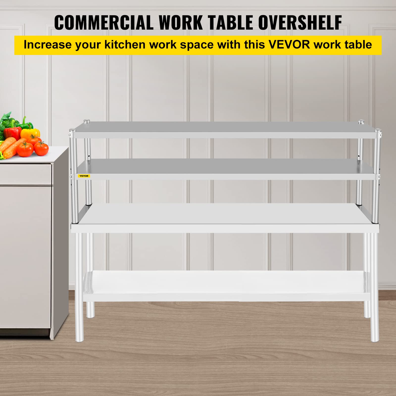 VEVOR Double Overshelf, Double Tier Stainless Steel Overshelf, 72 in Length x 12 in Width Double Deck Overshelf, Height Adjustable Overshelf for Prep & Work Table in Kitchen, Restaurant and W - WoodArtSupply