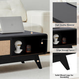 AVZEAR Mid Century Modern Coffee Table with Storage, Farmhouse Coffee Table Accent Center Tables with Sliding Linen Door Panel, Dining Table Centerpiece Decor Wood Coffee Table for Living Room, Black AVZEAR