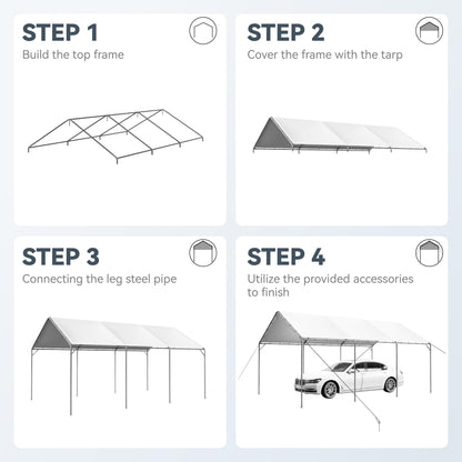 PHI VILLA 12x20 ft Heavy Duty Carport Car Canopy Party Tent Adjustable Peak Height, Garage Storage Boat Shelter with Waterproof & UV Protected Tarp, White - WoodArtSupply