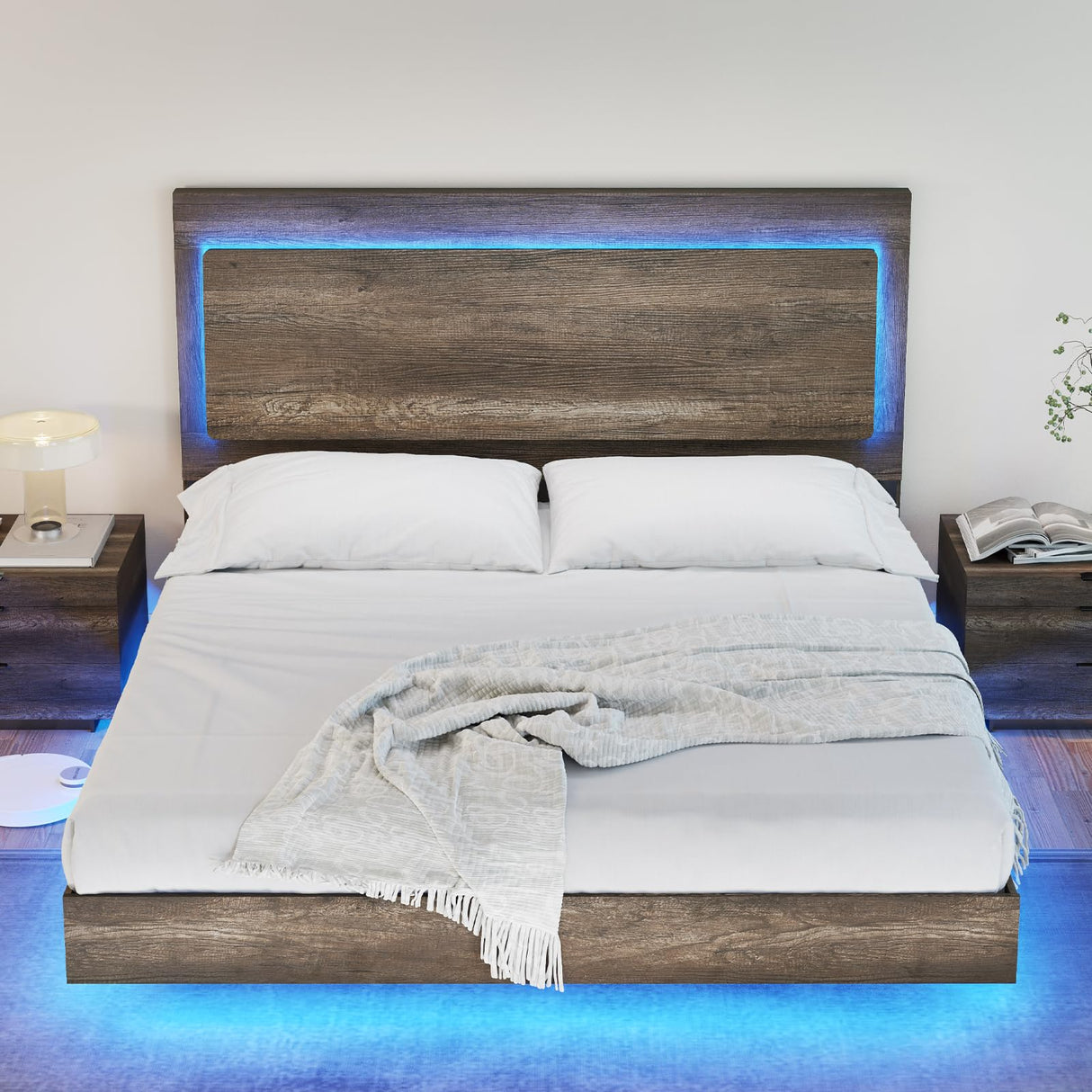 AMERLIFE Farmhouse Floating Queen Bed Frame with Recline Headboard and RGB LED Lights - Washed Gray AMERLIFE