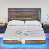 AMERLIFE Farmhouse Floating Queen Bed Frame with Recline Headboard and RGB LED Lights - Washed Gray AMERLIFE