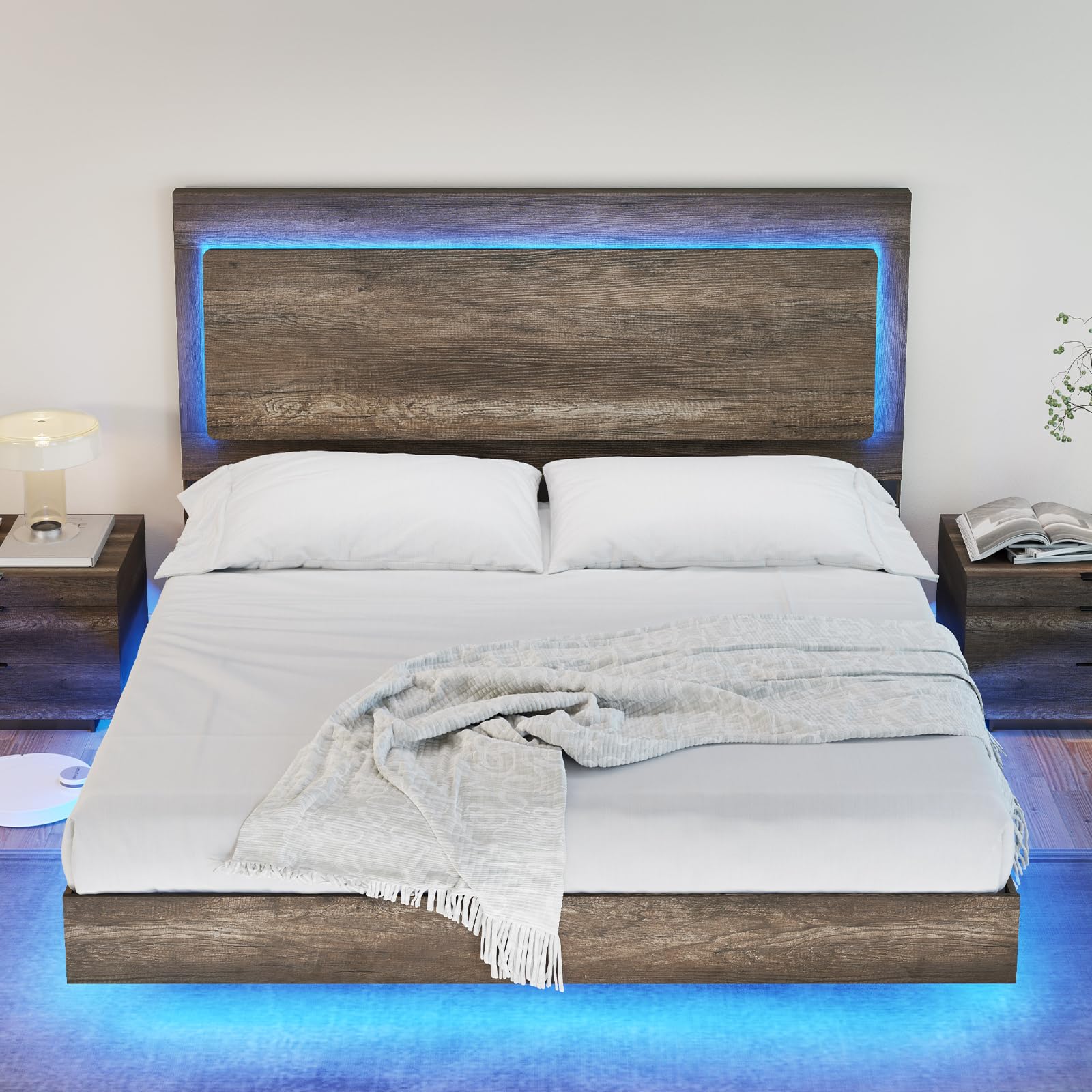 AMERLIFE Farmhouse Floating Queen Bed Frame with Recline Headboard and RGB LED Lights - Washed Gray - WoodArtSupply