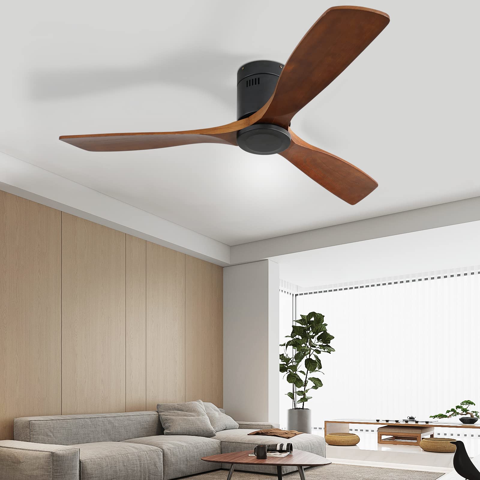 Sofucor 52" Low Profile Ceiling Fan with Remote Control, Outdoor Ceiling Fan No Light with 3 Walnut Blades, Multi-speed, Timer, Reversible DC Motor for Patio Living Room Bedroom Office Black - WoodArtSupply