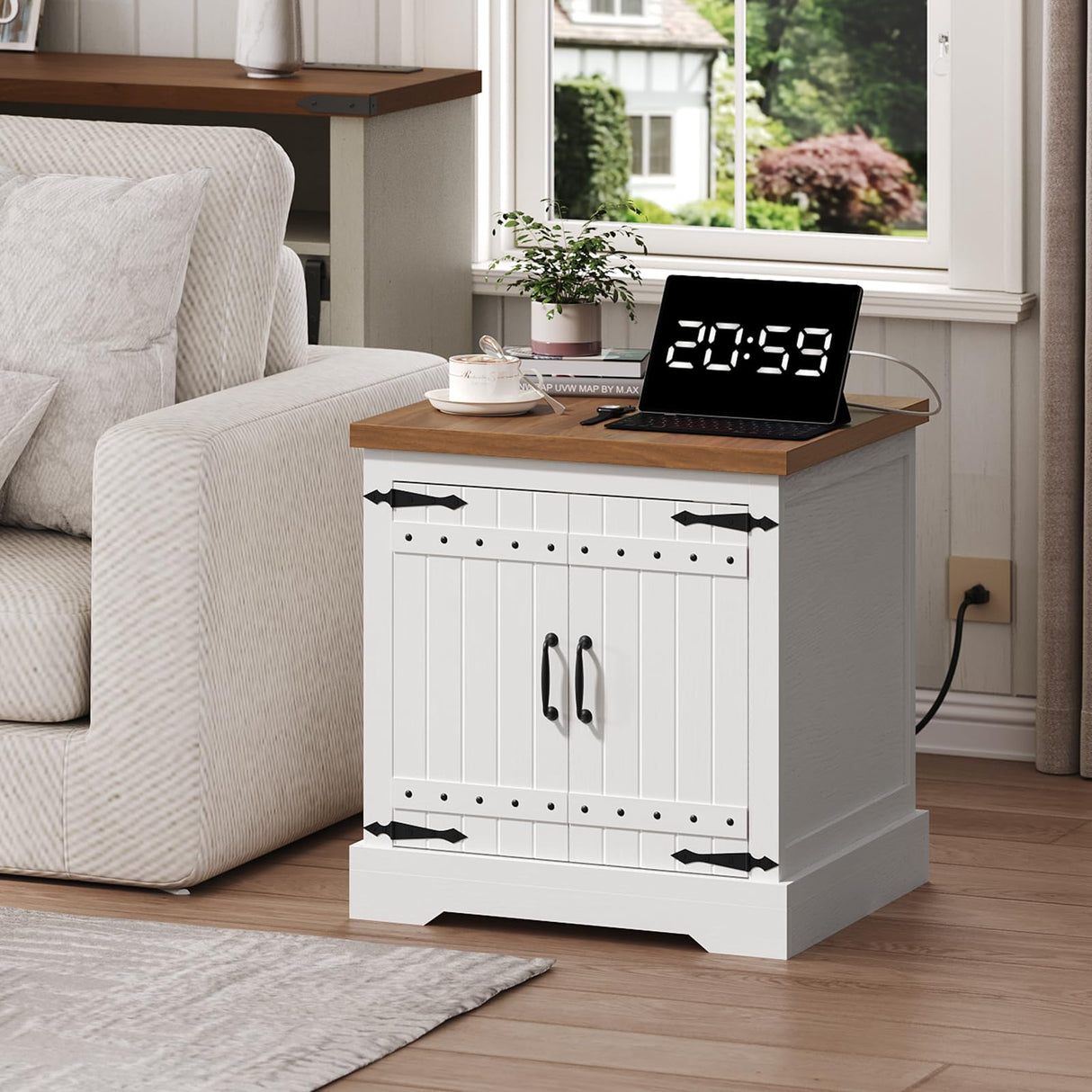 MAHANCRIS Farmhouse End Table with Charging Station, 24" Large Sofa Side Table, Wooded Square White Nightstand, Adjustable Storage Shelf, Rustic Bedside Table for Living Room, Bedroom, Walnut MAHANCRIS