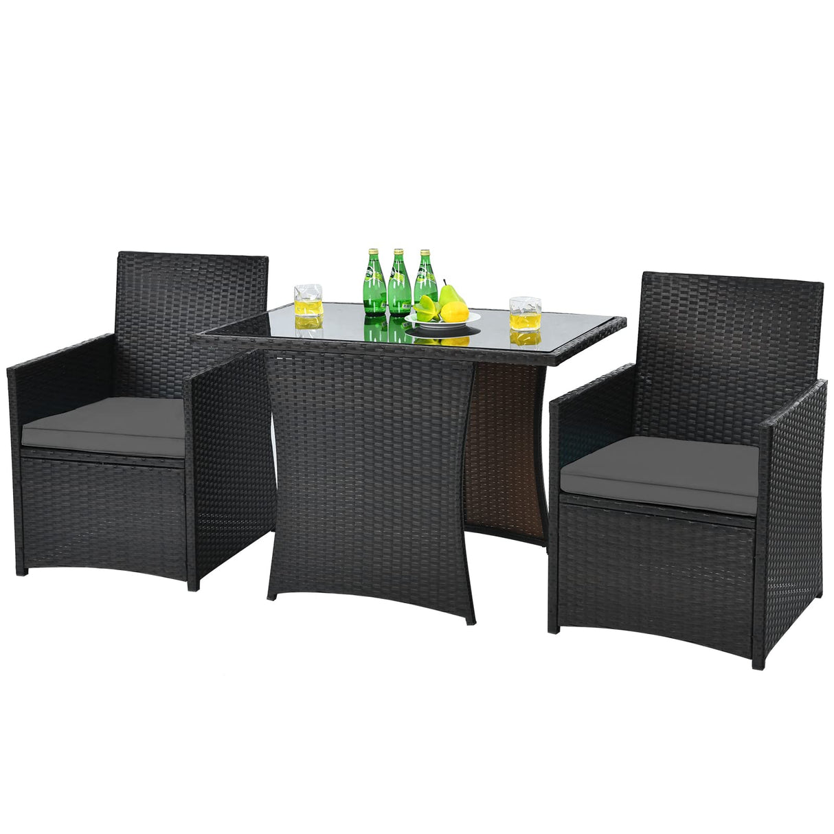 HAPPYGRILL 3 Piece Outdoor Wicker Bistro Set PE Rattan Dining Table Set with Cushioned Chairs, Patio Conversation Set for Backyard Porch Garden and Poolside HAPPYGRILL