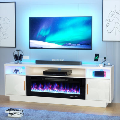 BREEZEHEAT Electric Fireplace TV Stand-Led Entertainment Center-70 inch TV Stand with 36" Electric Fireplace-Living Room Tv Cabinet with Storage for TVs Up to 80"，Modern Media Console (White)