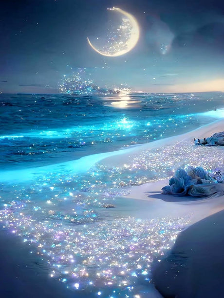 HSENJT Beach Diamond Art Painting by Number Kits,Seaside Night 5D Diamond DIY Painting for Adult,Moon Paint with Round Diamonds for Relaxation Home Wall Decor Gift(30x40cm/11.8X15.7inch) HSENJT