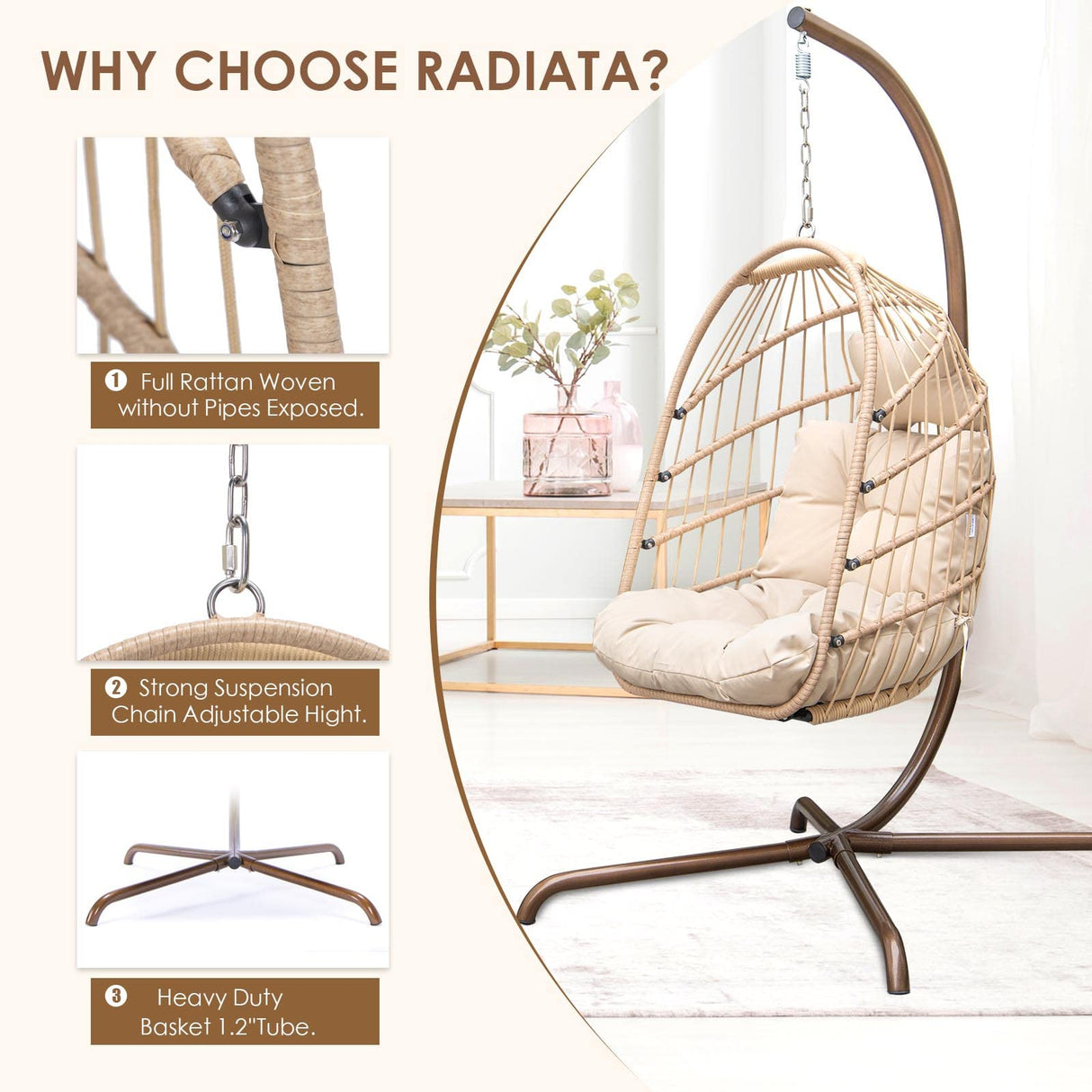 RADIATA Foldable Wicker Rattan Hanging Egg Chair with Stand, Swing Chair with Cushion and Pillow, Lounging Chair for Indoor Outdoor Bedroom Patio Garden (Beige with Stand) RADIATA
