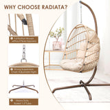 RADIATA Foldable Wicker Rattan Hanging Egg Chair with Stand, Swing Chair with Cushion and Pillow, Lounging Chair for Indoor Outdoor Bedroom Patio Garden (Beige with Stand) RADIATA