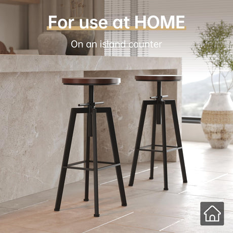 VILAVITA Vintage Adjustable Bar Stools Set of 2, Height Ranges from 24.8 to 30.8 inch, Natural Wood Seat and Heavy Metal Frame Rustic Industrial Swivel Bar Stools VILAVITA