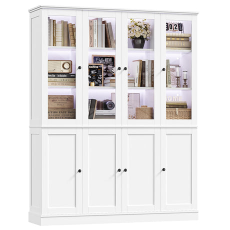 FACBOTALL 74'' Kitchen Pantry Cabinet, 63'' Wide Large Kitchen Hutch Storage Cabinet with LED, Tall Pantry with Adjustable Shelves, Display Cabinets with Glass Door for Living Room, Home Office, White FACBOTALL