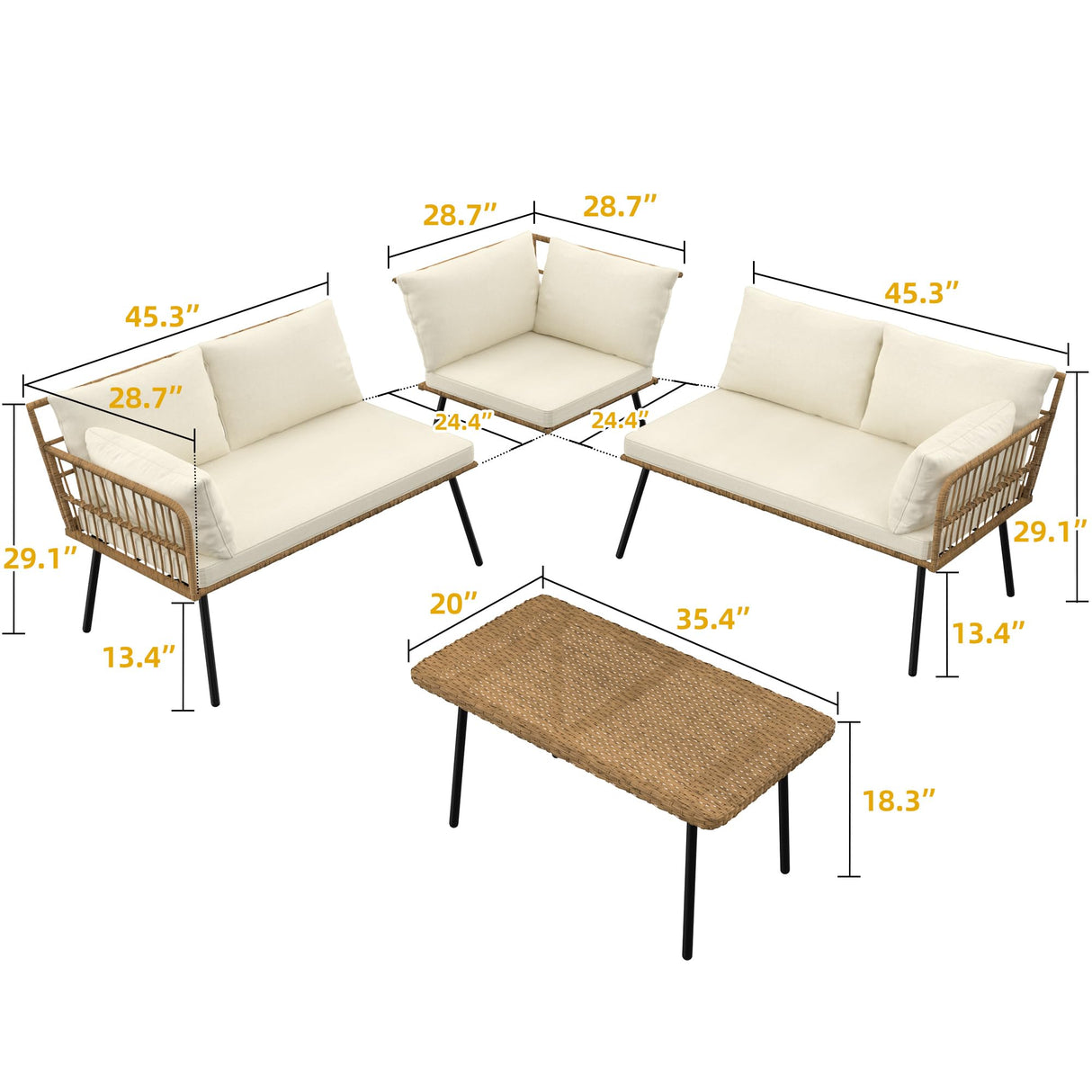 DWVO Patio Furniture Set, 4 Pieces Outdoor Patio Conversation Set, All-Weather PE Rattan Sectional L-Shaped Sofa with Soft Cushion and Side Table for Backyard, Porch, Boho Detachable Lounger (Beige) DWVO