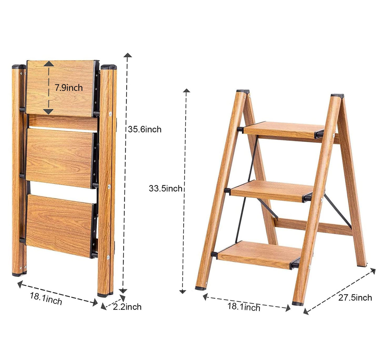 SOLADDER 3 Step Ladder Anti-Slip Foldable Step Stool Aluminum Lightweight with Wide Pedal for Home and Kitchen Space Saving - Woodgrain (330 lbs) Soladder