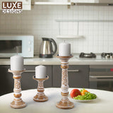 Pillar Candle Holders- Rustic White Hand Carved Mango Wood Candle Holders for Pillar Candles in Home, Living Room, Kitchen or Table Centerpiece Set of 3 Candlestick Holders- 6", 9", 12" for Home Decor Luxe Designs