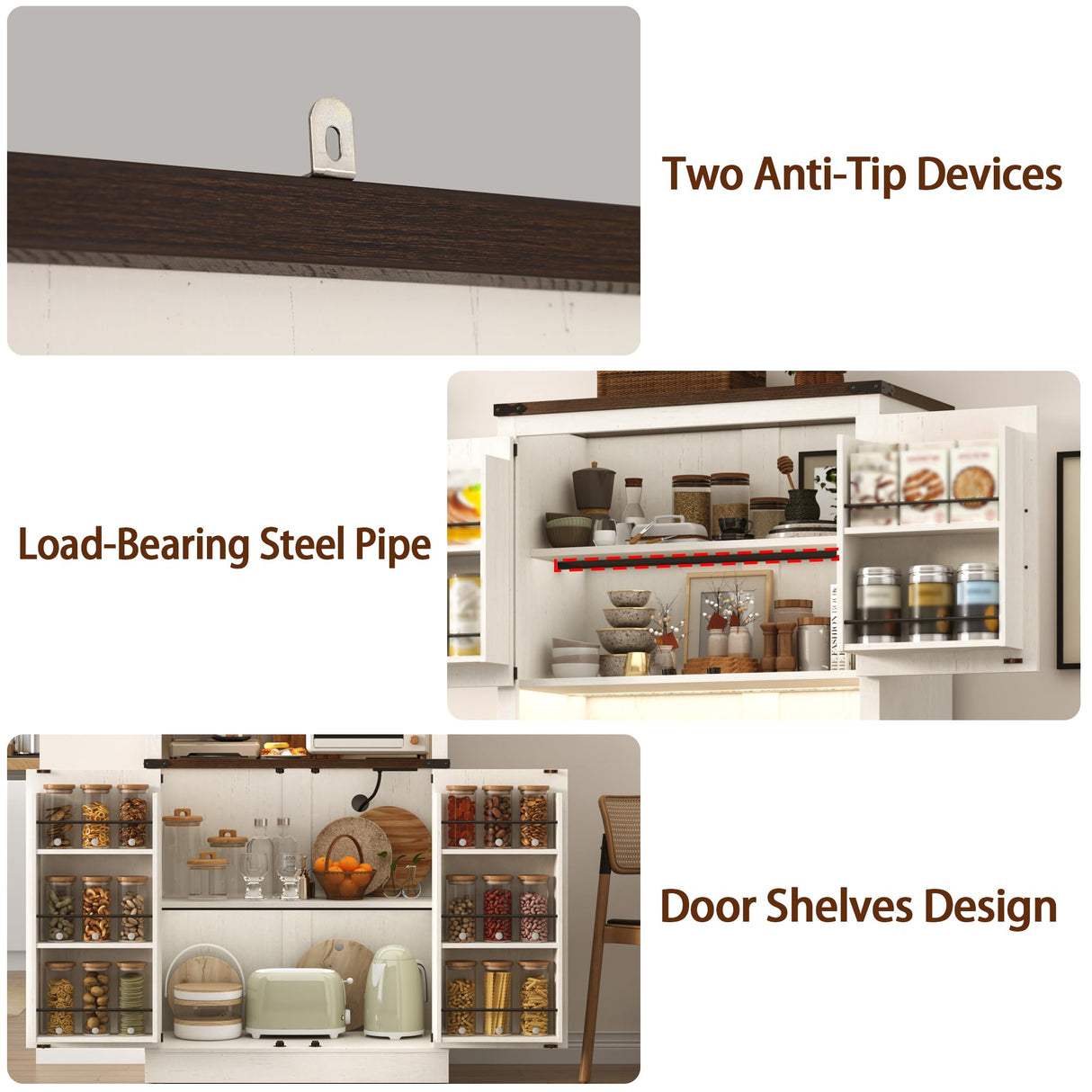 72" Tall Farmhouse Kitchen Pantry Cabinet with LED Light and Power Outlet,Modern Farmhouse Kitchen Storage Cabinet w Load-Bearing Steel Pipe,Barn Doors, Organizer,Food Pantry Cabinets(White) chartustriable