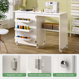 COSTWAY Folding Sewing Table, Multipurpose Craft Station Desk, Display Cabinet with Shelves Storage, Lockable Wheels, Rolling Sewing Machine Desk for Home Apartment, White COSTWAY