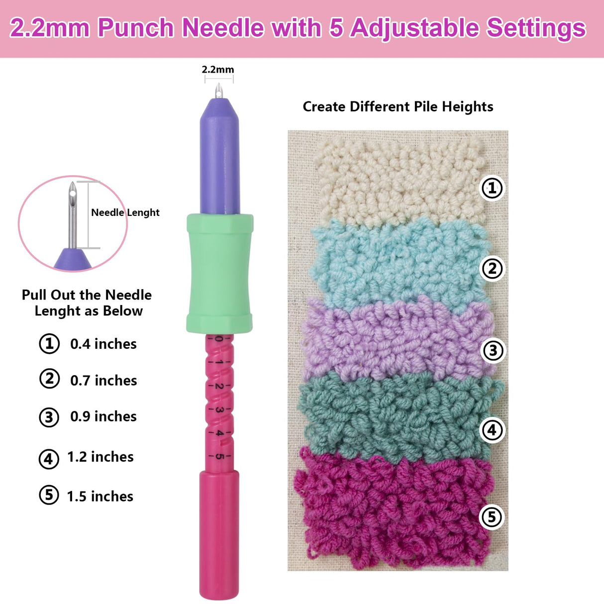 Cheloment 2.2mm Punch Needle Kit Adjustable Punch NeedleTool with Threader,Lightweight Punch Needle with 5 Needle Lengths, Needle Punch Kits for Beginner,Embroidery Punch Needle,Easy to Use Cheloment