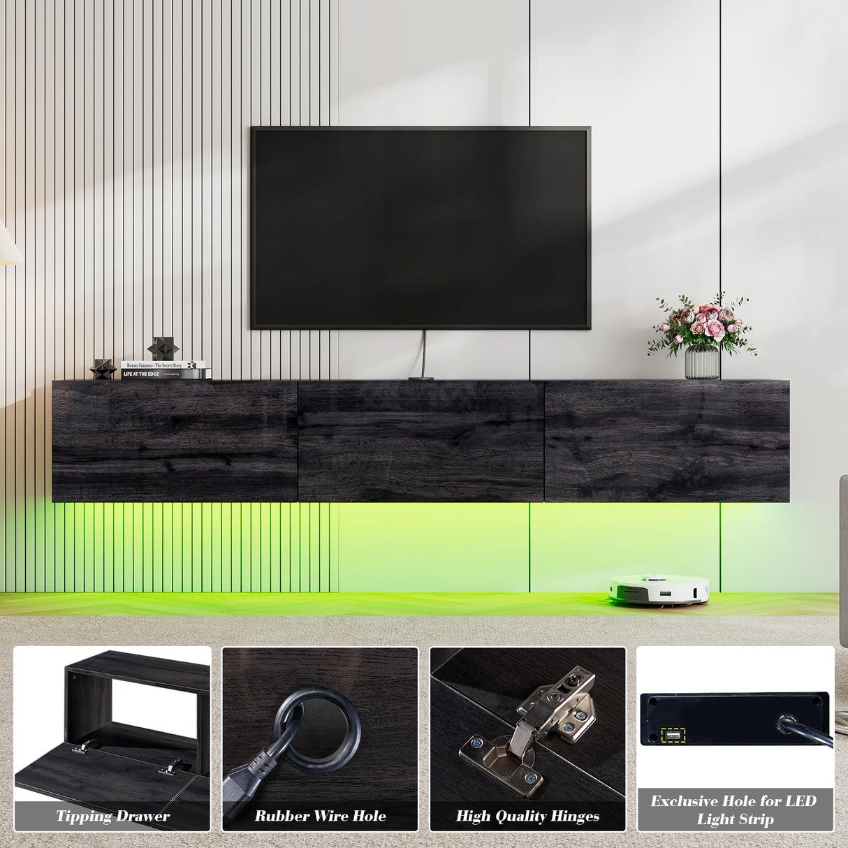 LUXOAK 70" Woodgrain High Gloss Floating TV Stand with LED Lights & Charging Station, Wall Mounted Media Entertainment Center for TVs Up to 80", Modern Floating TV Console for Living Room, Black LUXOAK