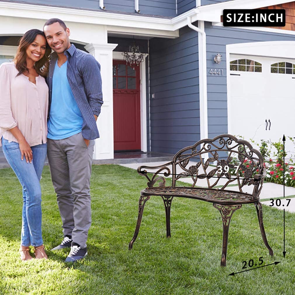 Patio Garden Bench Outdoor Metal Rose Loveseat,39in Cast Iron Well-Crafted Floral Back Antique Finish Park Chair,Accented Lawn Front Porch Path Yard Bronze Decor Deck Furniture for 2|Easy Assembly Meet perfect