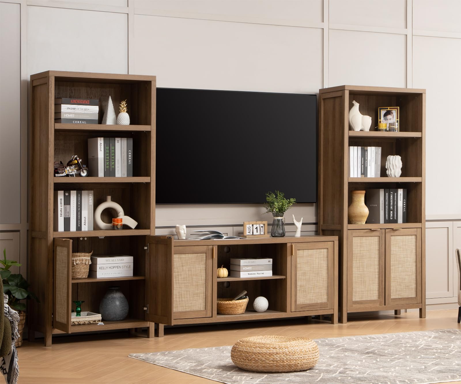 SICOTAS TV Stand for Living Room : Rattan TV Console Cabinet with Storage and Shelf, Boho Entertainment Center, 59" Media Console for 55, 65 Inch TV, 26" Tall Wood Television Stands, Oak - WoodArtSupply