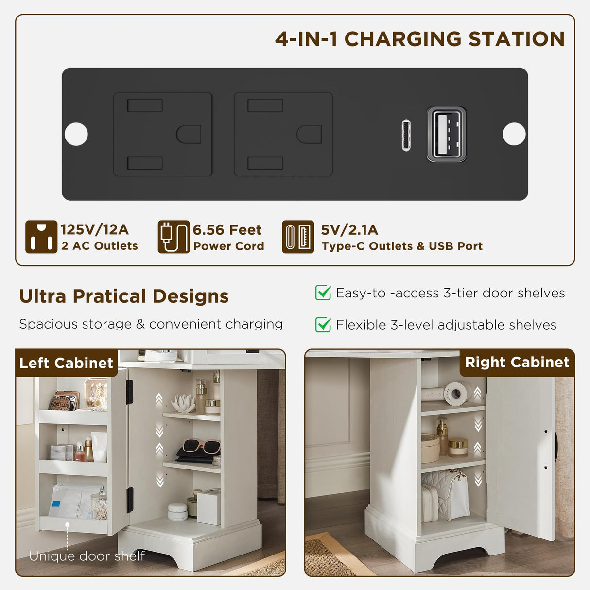 T4TREAM 48" Corner Vanity Desk with 3 Way Mirror and Lights, Farmhouse Makeup Vanity with Charging Station & Glass Top, Dressing Table with 3 Drawers, 2 Cabinets & Adjustable Shelves (Antique White) T4TREAM