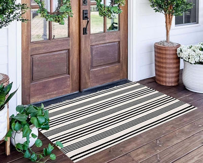Black and White Striped Outdoor Rug 24'' x 51''Farmhouse Front Porch Mat Hand-Woven Machine Washable Layered Door Mats for Entryway/Bedroom