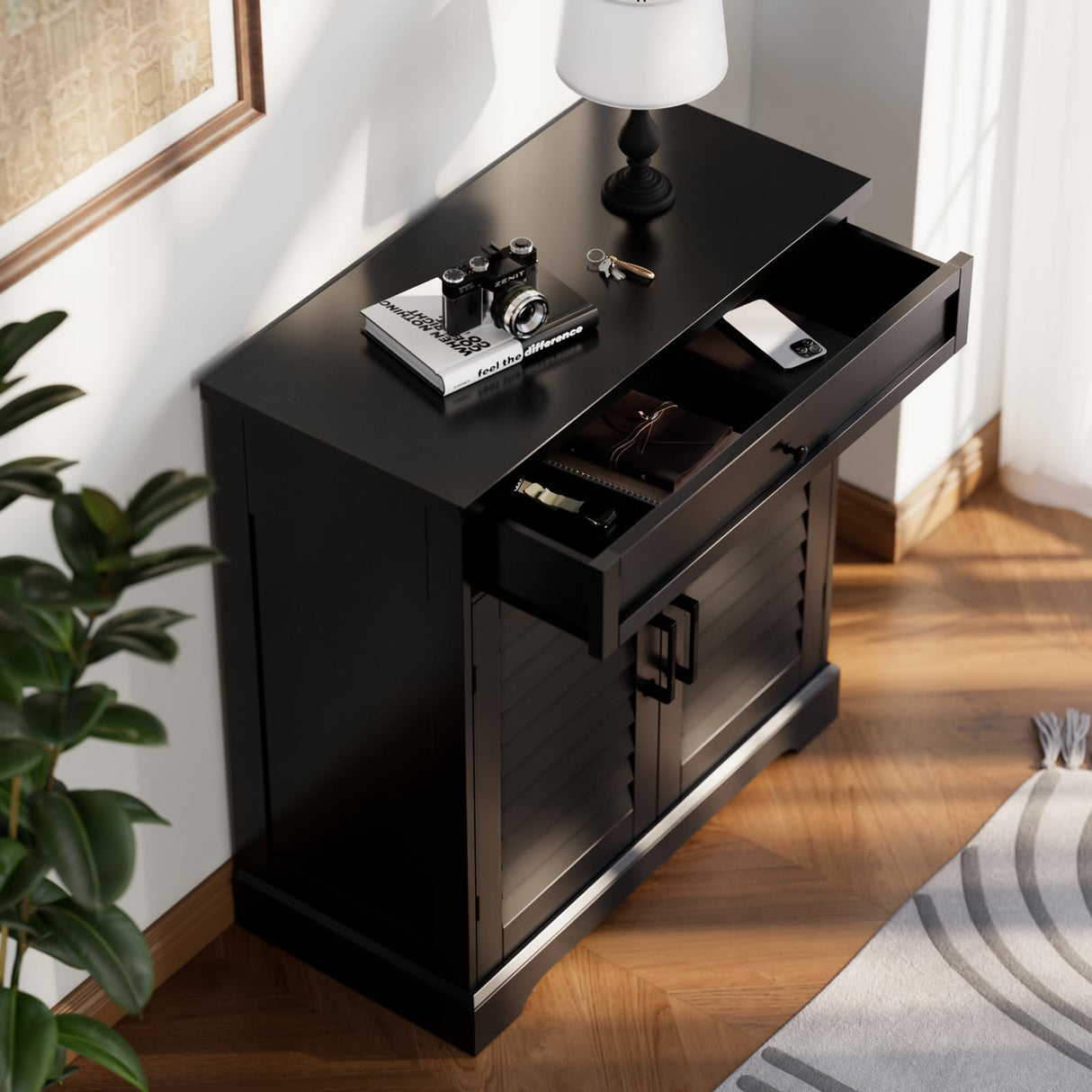 ChooChoo Shoe Cabinet with Doors, 4-Tier Shoe Storage Cabinet with Drawer and Shelves, Wooden Shoe Rack Organizer for Entryway, Hallway, Closet, Black ChooChoo