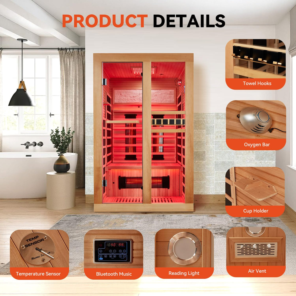 SWHSE 2 Person Infrared Sauna, Full Spectrum Home Sauna with Red Light Therapy, 15 Minutes Pre-Warm up Indoor Dry Saunas with 2-in-1 Door Handle, Canadian Hemlock,7 Color Light Belts, 110V SWHSE