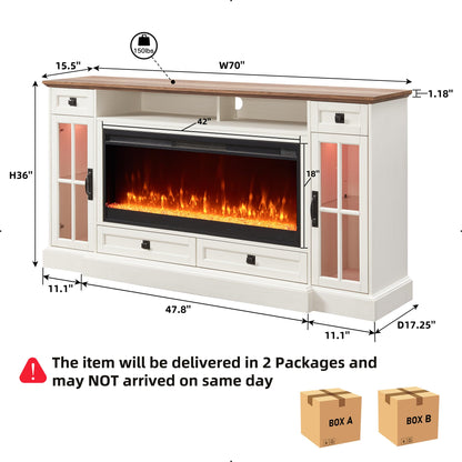 OKD Fireplace TV Stand for 80 Inch TV, Farmhouse Entertainment Center with 42" Fireplace & LED Lights, Modern Media Console Table with Storage Drawers & Cabinets for Living Room, Antique Whit - WoodArtSupply