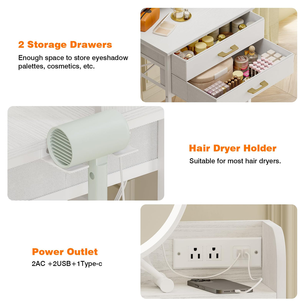 Fixwal White Small Vanity Desk Set with Lighted Mirror and Chair, Makeup Dresser with 2 Fabric Drawers, Power Outlet, Compact Table with Cushioned Stool for Bedroom Small Space Fixwal