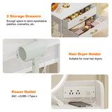 Fixwal White Small Vanity Desk Set with Lighted Mirror and Chair, Makeup Dresser with 2 Fabric Drawers, Power Outlet, Compact Table with Cushioned Stool for Bedroom Small Space Fixwal