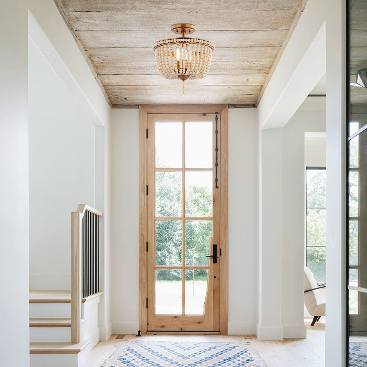 JONATHAN Y JYL9020C Allie 14" 3-Light Bohemian Farmhouse Wood Bead/Iron LED Semi Flush Mount Transitional Rustic Kitchen Hallway Bathroom Bedroom Entryway Foyer, Antique Gold/Light Taupe JONATHAN Y