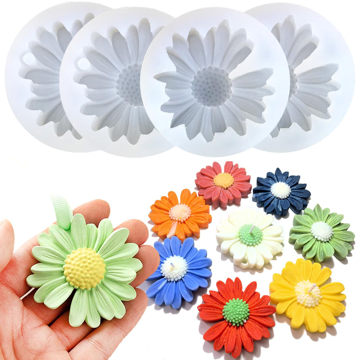 4 PCS Daisy Flower Silicone Molds for Candles, 3D Flower Candle Mold Silicone Daisy DIY Soap Wax Epoxy Resin Plaster Concrete Casting Polymer Clay Craft, Chocolate Fondant Cake Topper Decoration Mold Keromtein