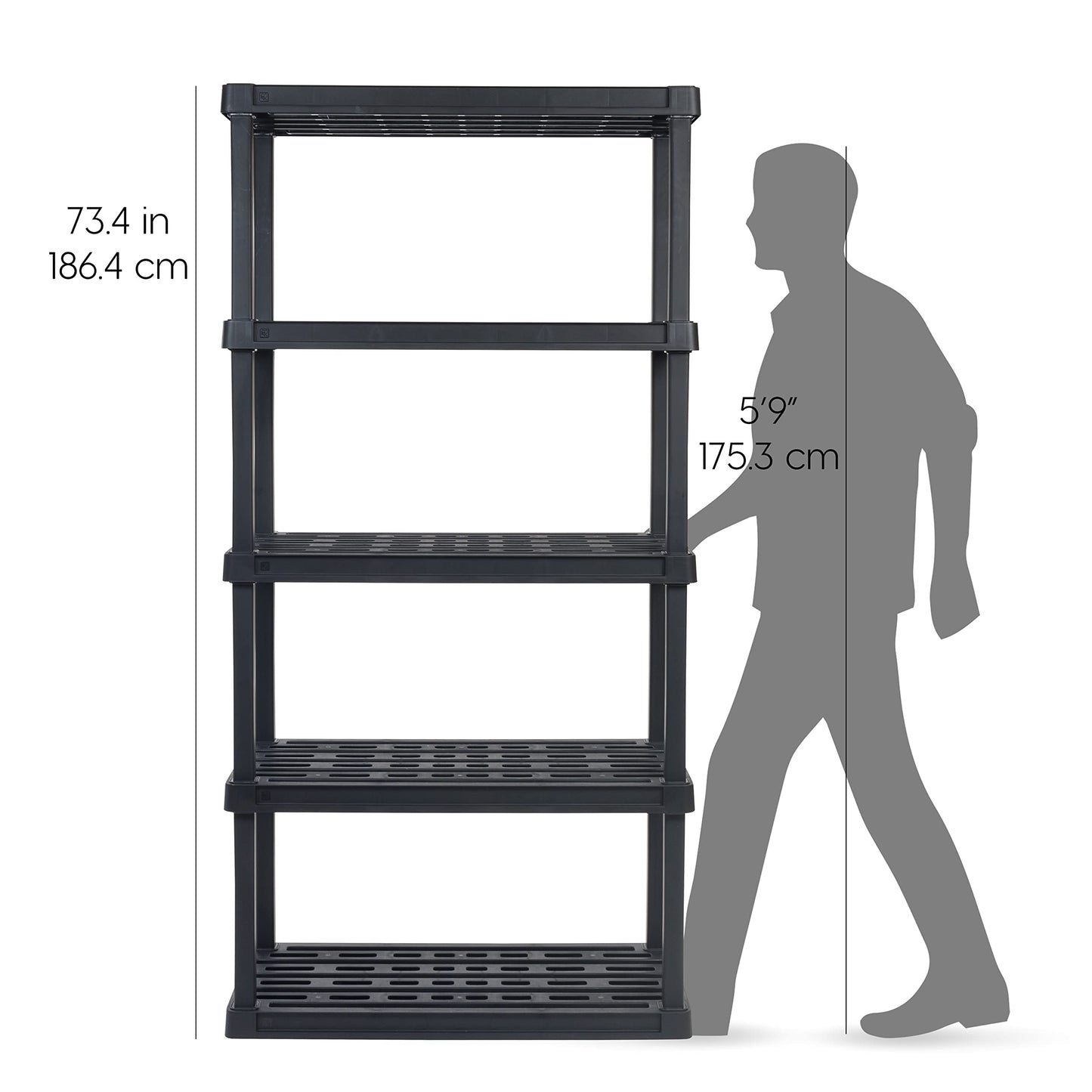 IRIS USA 5-Tier Heavy Duty Plastic Shelving Unit, 73" Tall - 100lbs per Shelf, Modular Garage Rack Storage Organizer for Home, Basement, Laundry & Utility Room, 18"D x 36"W x 73"H - Black