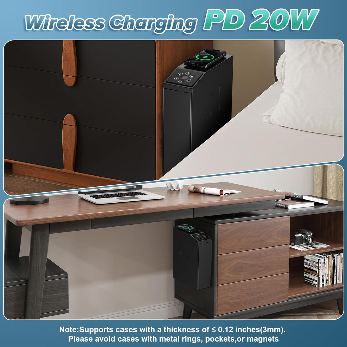 NIANPU Bedside Biometric Gun Safe for Handgun-Quick Access Pistol Safe with Fingerprint,PIN&Key-Sliding Gun Lock Box with Wireless Charging-Mounted Handgun Safe for Nightstand NIANPU