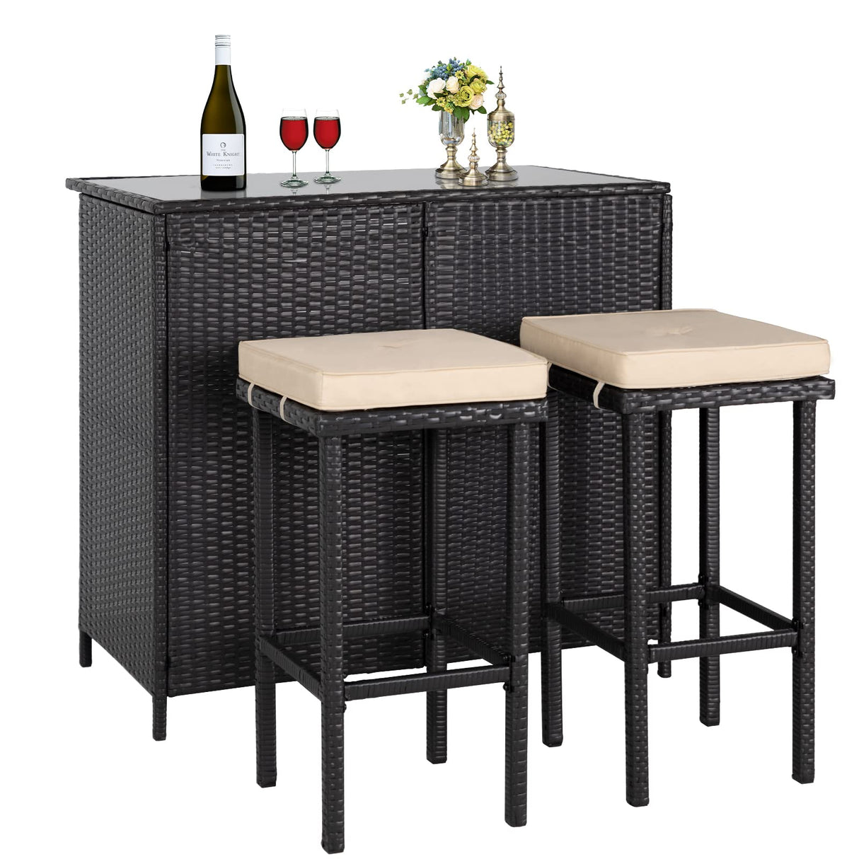 Crownland 3-Piece Wicker Patio Outdoor Bar Set, 2 Stools and 1 Glass Top Table, Bistro Set, Brown Furniture for Deck, Lawn, Backyard Crownland