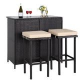 Crownland 3-Piece Wicker Patio Outdoor Bar Set, 2 Stools and 1 Glass Top Table, Bistro Set, Brown Furniture for Deck, Lawn, Backyard Crownland