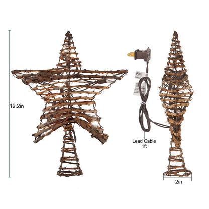 Christmas Star Tree Topper, Plug in 12" Rattan 3D Star Tree Topper, Rustic Rattan Natural Star, Built-in 10-Bulb String Lights for Christmas Tree Decoration New Year Holiday Home Office Indoor