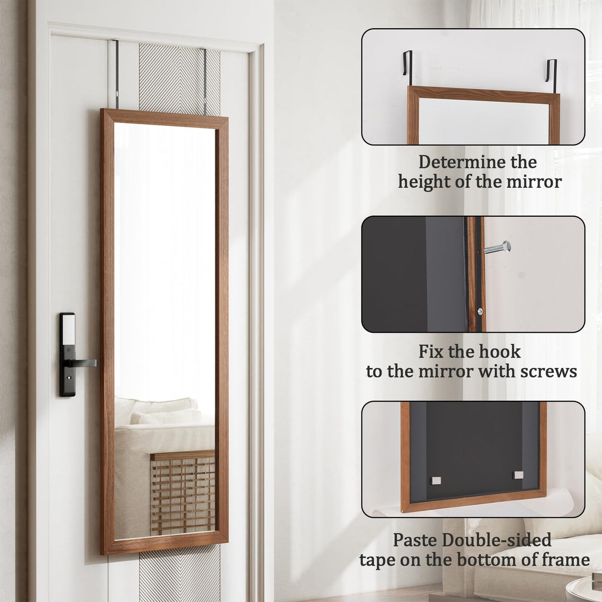 VooBang Wood Frame Door Mirror, 18" x 48" Over The Door Mirror Full Length, Full Body Mirror Door Hanging with Height-Adjustable Hangers for Dorm, Closet and Dressing Room, Charcoal Burnt VooBang