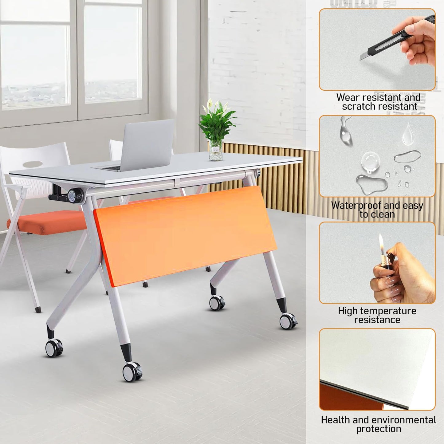 Conference Room Table,4 Pack Modern Office Folding Conference Training Table，Flip Top Mobile Seminar Table with Lockable Wheels,Mobile Foldable Meeting Table for Classroom Office (Orange)