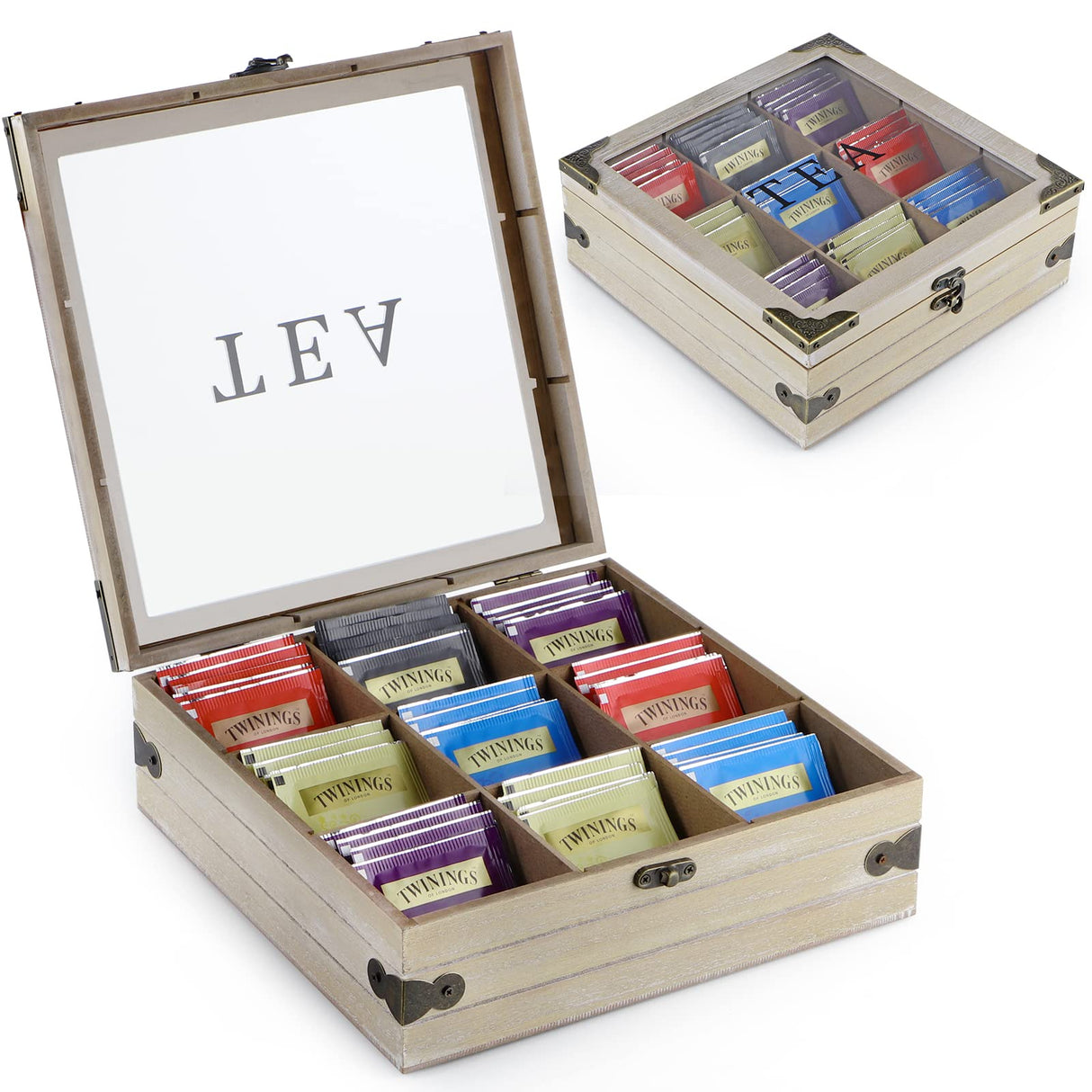 MOLIGOU Wood Tea Box Organizer, Tea Storage Chest with Glass Lid, 9 Compartments, Tea Bag Holder for Cabinet, Pantry MOLIGOU