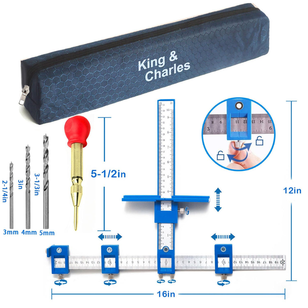 Cabinet Hardware Jig, King&Charles Cabinet Handle Jig + Automatic Hole Punch + Point Drill Bits, Use for Handles Knobs Pulls on Drawers/Doors, Wood Drilling Dowelling Guide Set. King&Charles