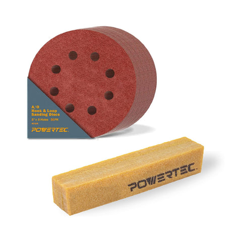POWERTEC 25PK, 40 Grits, 5 Inch 8 Hole Hook and Loop Sanding Discs with Cleaning Stick, Aluminum Oxide Sandpaper Discs, Woodworking Sanding Pads for Random Orbital, Air, DA & Pneumatic Sander (45057) POWERTEC
