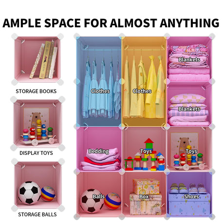 VIPZONE Baby Dresser, Kids Closet Organizers, Portable Kids Wardrobe for Closet, Bedroom, Nursery, Cubby, Cabinet, Clothes, Dress, Baby Storage Shelf, Armoire Clothes Hanging (12 Cube, Pink) VIPZONE
