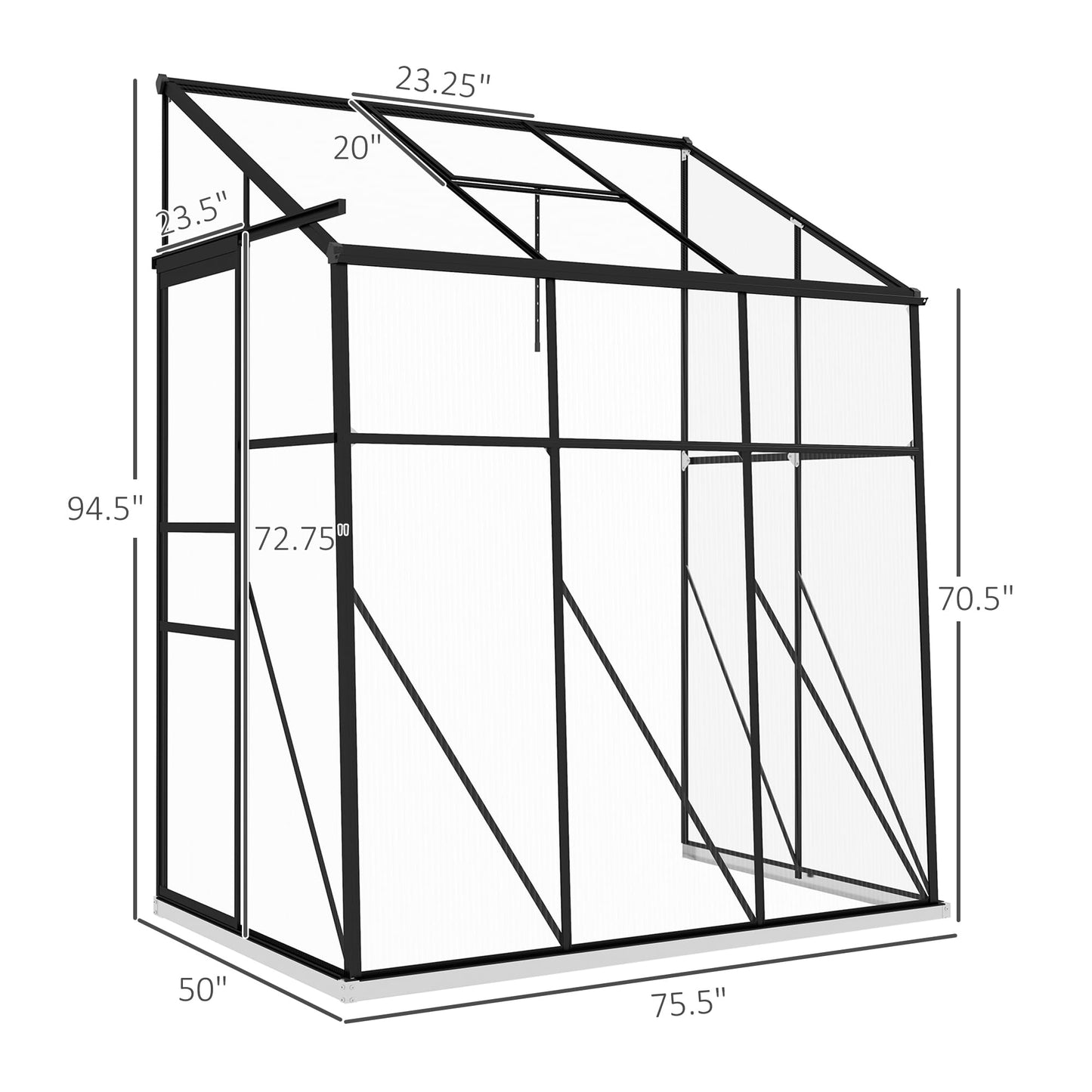 Outsunny 6' x 4' Lean-to Polycarbonate Greenhouse, Walk-in Hobby Green House with Sliding Door, 5-Level Roof Vent, Rain Gutter, Garden Plant Hot House with Aluminum Frame and Foundation, Blac - WoodArtSupply