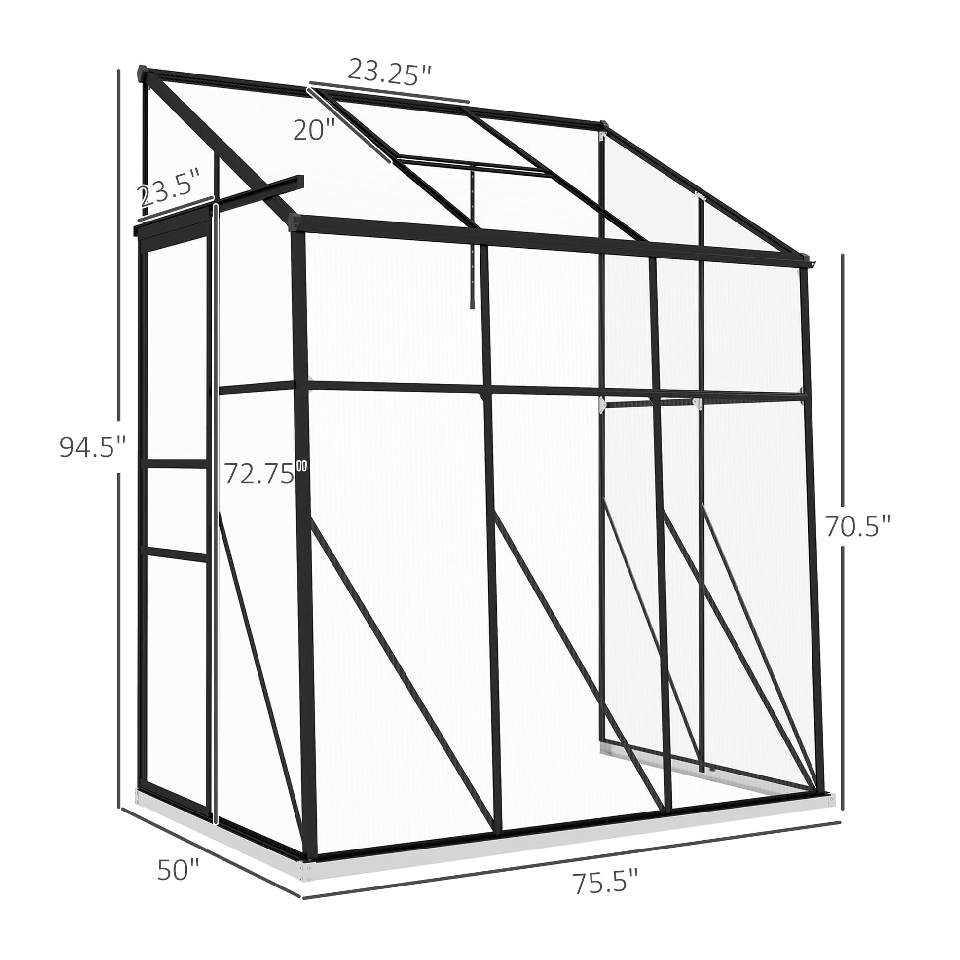 Outsunny 6' x 4' Lean-to Polycarbonate Greenhouse, Walk-in Hobby Green House with Sliding Door, 5-Level Roof Vent, Rain Gutter, Garden Plant Hot House with Aluminum Frame and Foundation, Blac - WoodArtSupply