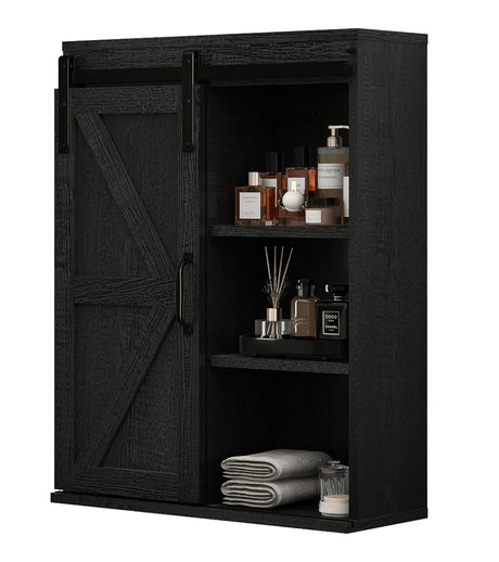 RUSTOWN Farmhouse Wood Wall Storage Bathroom Cabinet with Sliding Barn Door, Rustic Medicine Cabinet with Adjustable Shelf, 3-Tier Vintage Cabinets for Kitchen, Bathroom, Living Room (Black) RUSTOWN